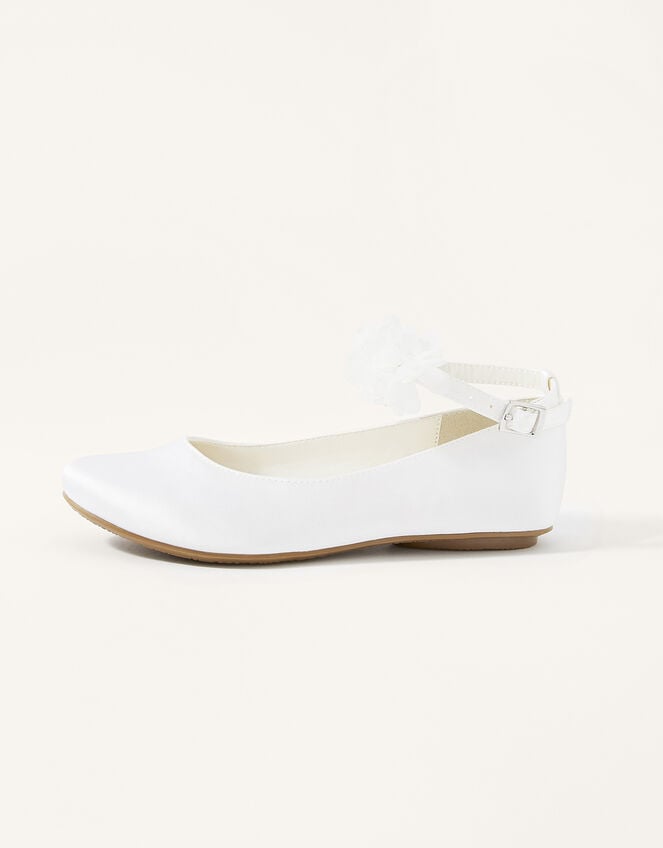 Satin Flower Ankle Ballerina Flats, White (WHITE), large