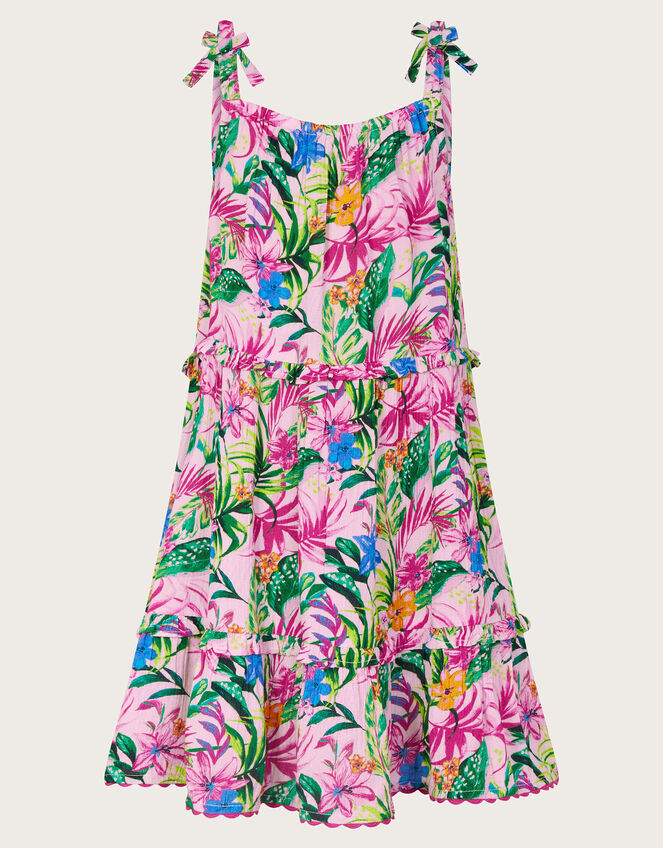 Tropical Palm Print Frill Dress, Ivory (IVORY), large