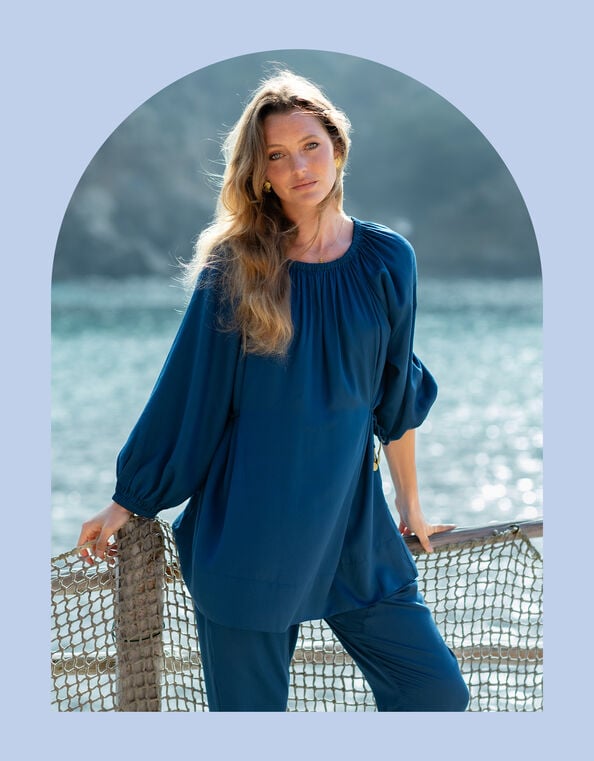 La Galeria Elefante Buddha Balloon Sleeve Top, Blue (TURQUOISE), large