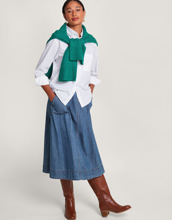 Pull On Denim Midi Skirt in Sustainable Cotton, Blue (DENIM BLUE), large