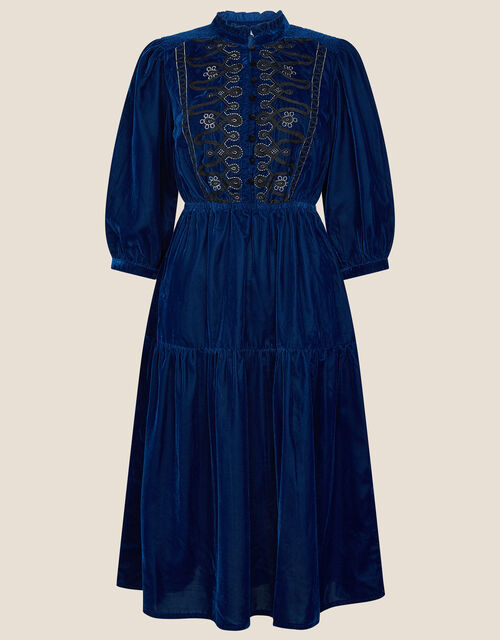 Military Embroidered Velvet Dress, Blue (BLUE), large