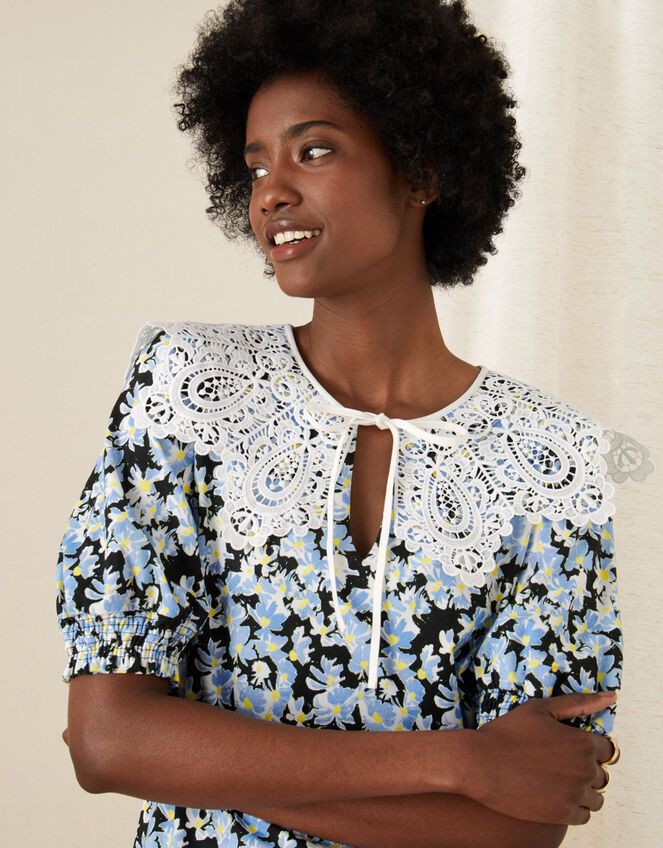 Zita Lace Collar Floral Jersey Top, Black (BLACK), large