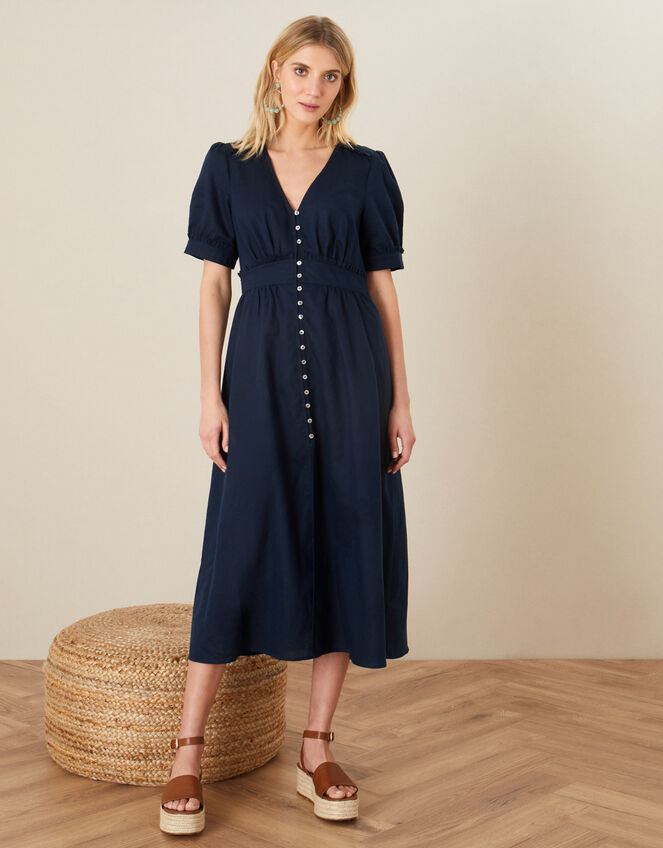 Midi Tea Dress in Linen Blend Blue | Dresses | Monsoon UK.