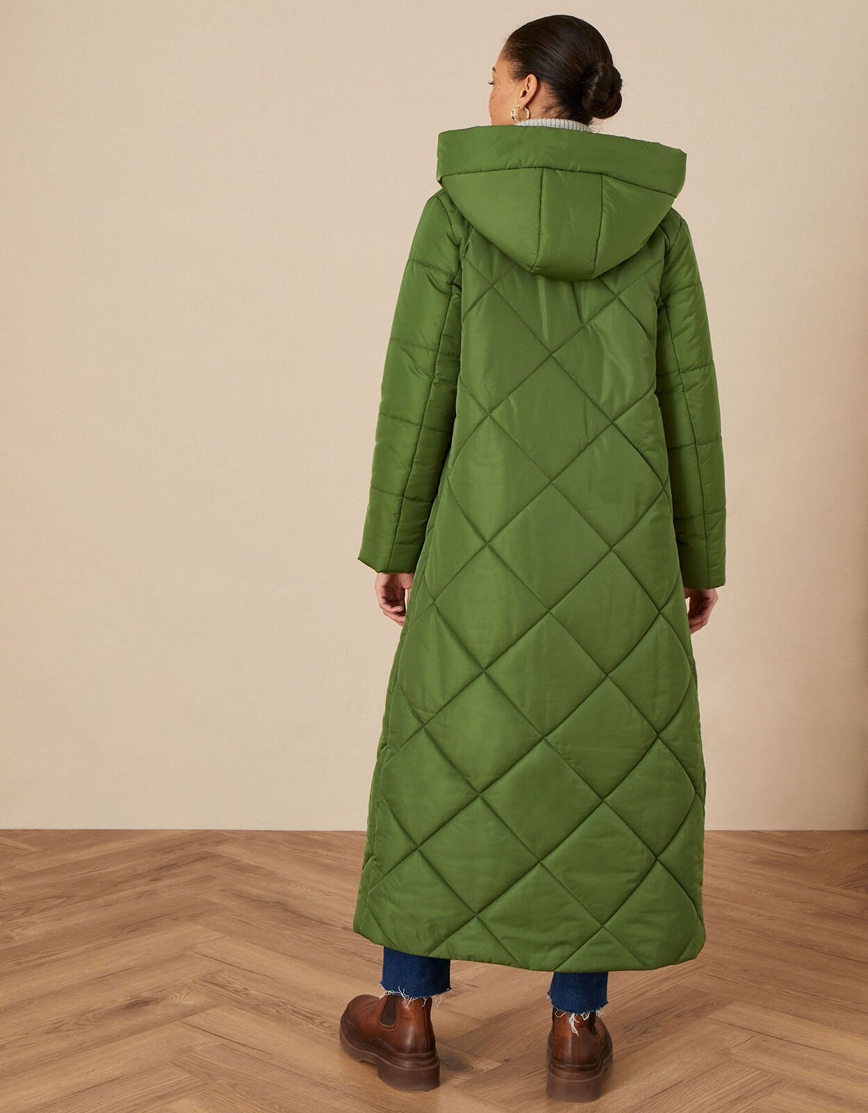 Long green quilted coat store