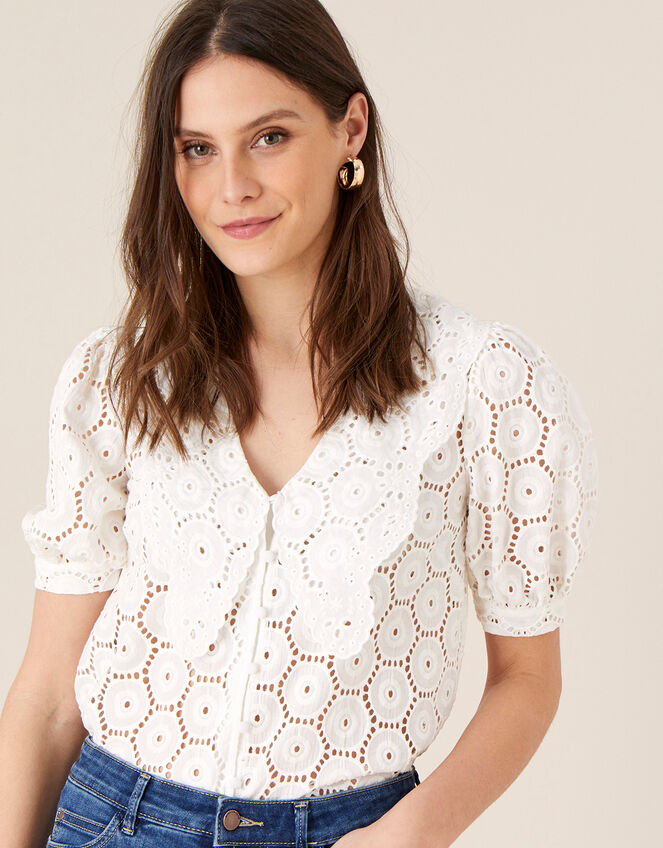 Mia Wide Collar Broderie Blouse, Ivory (IVORY), large