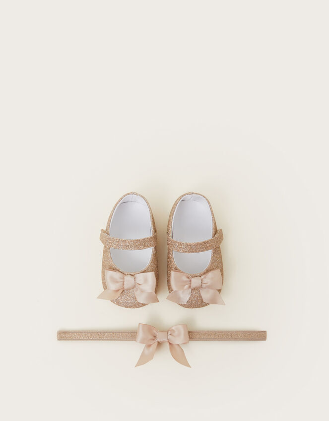 Baby Glitter Bow Booties and Headband Set, Gold (GOLD), large