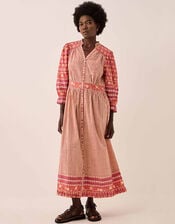 East Devyn Hand-Woodblock Printed Floral Stripe Cotton Midi Dress, Pink (PINK), large