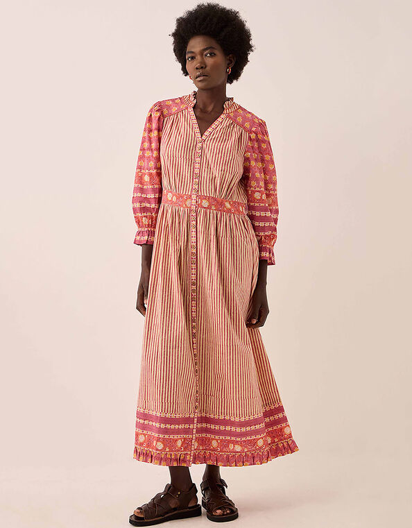 East Devyn Hand-Woodblock Printed Floral Stripe Cotton Midi Dress, Pink (PINK), large