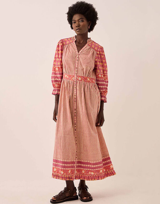East Devyn Hand-Woodblock Printed Floral Stripe Cotton Midi Dress, Pink (PINK), large