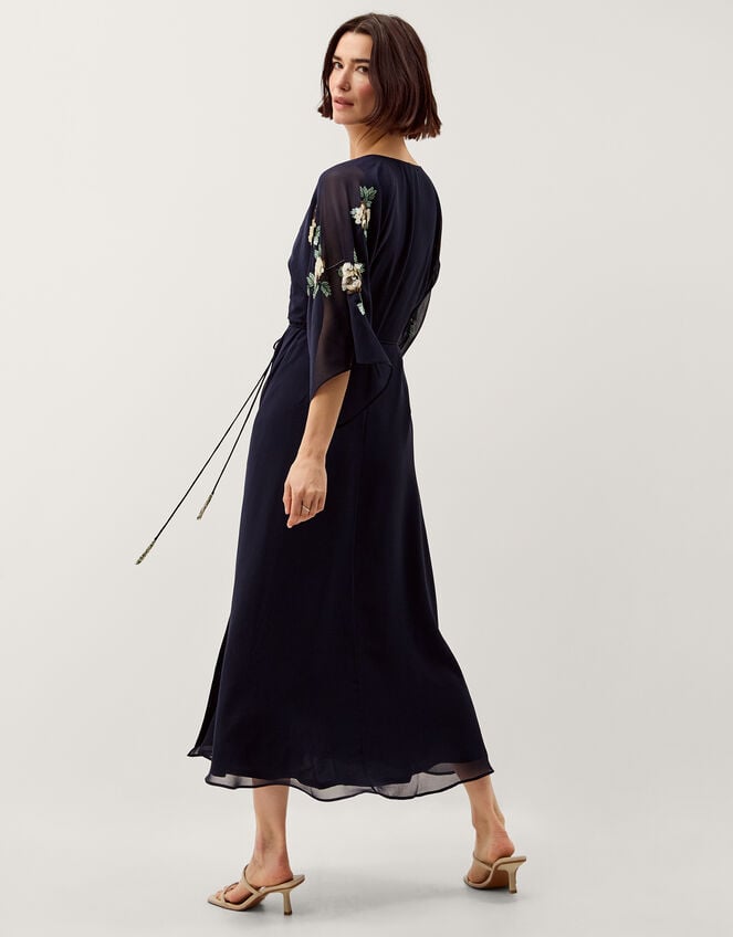 Clara Floral Embellished Midi Wrap Dress, Blue (NAVY), large