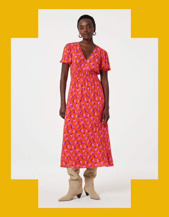 Fabienne Chapot Bonna Strawberry Print Midi Dress, Orange (ORANGE), large