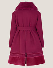 Velvet Trim Faux Fur Dress Coat, Red (BURGUNDY), large