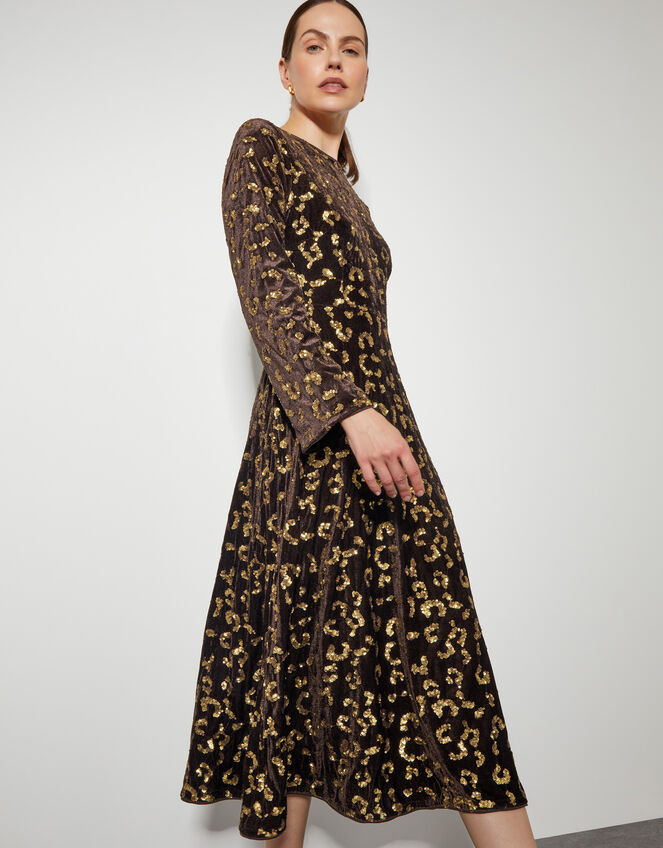 Arwen Sequin Leopard Velvet Midi Dress, Brown (CHOCOLATE), large
