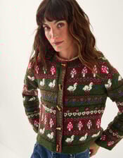 Monsoon x Sarah Corbett-Winder Duck Fair Isle Cardigan, Green (KHAKI), large