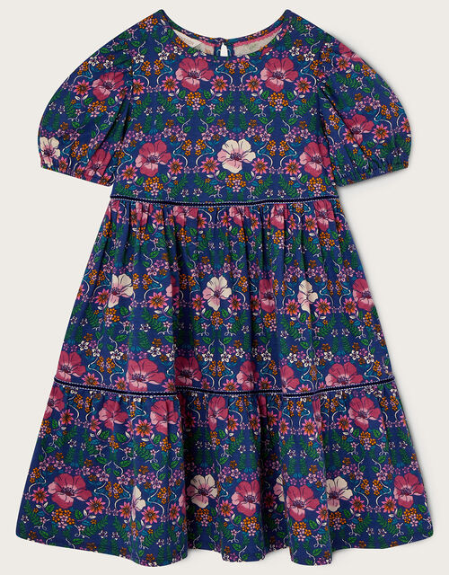 Pansy Print Short Sleeve Jersey Dress, Blue (NAVY), large