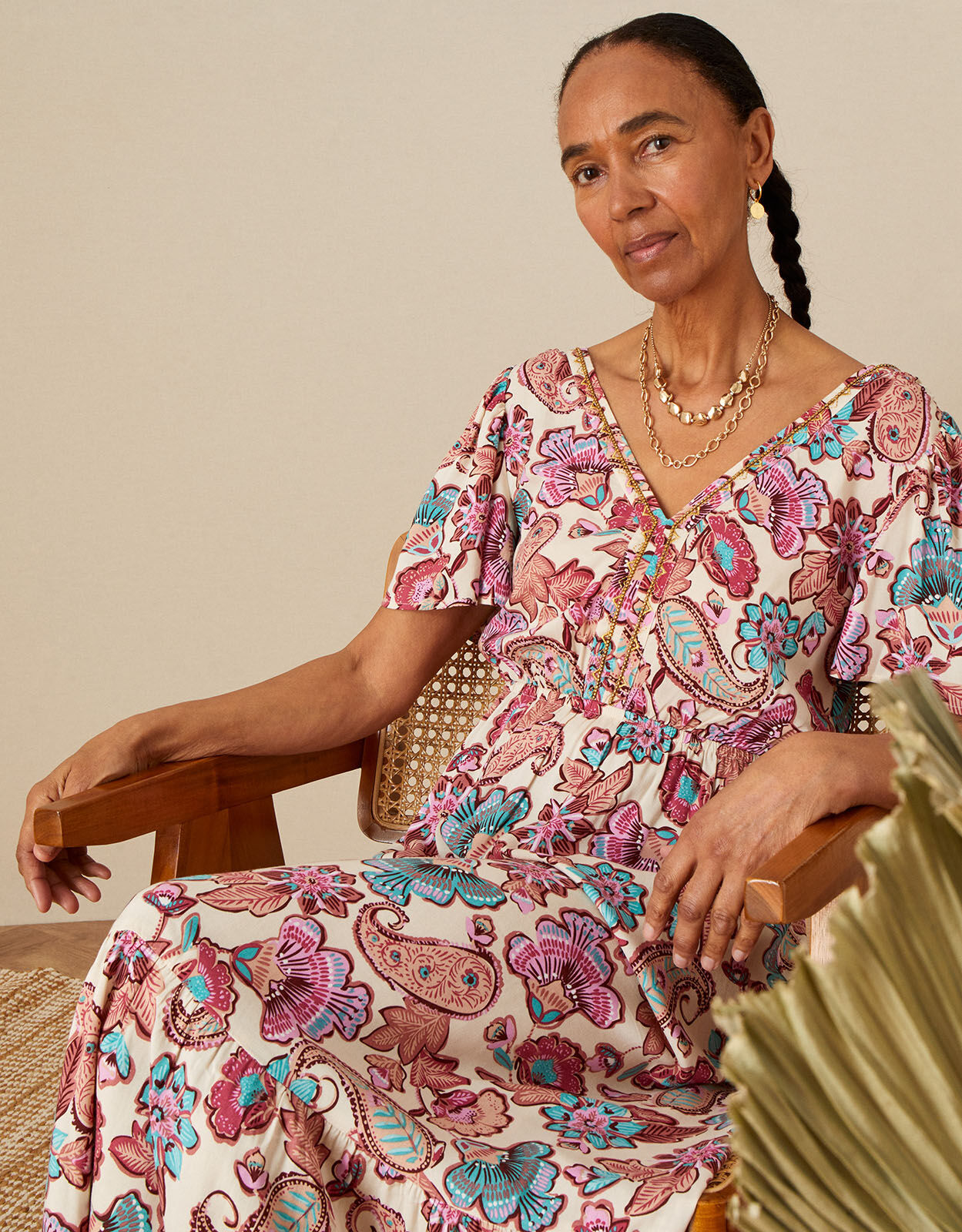 Floral Print V-Neck Midi Dress Ivory