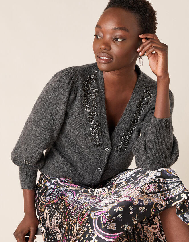 Beaded Knit Cardigan with Recycled Fabric, Grey (CHARCOAL), large