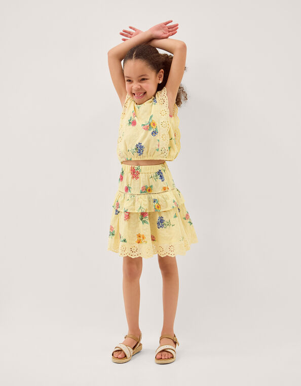 Sasha Broderie Floral Top & Skirt Set, Yellow (YELLOW), large