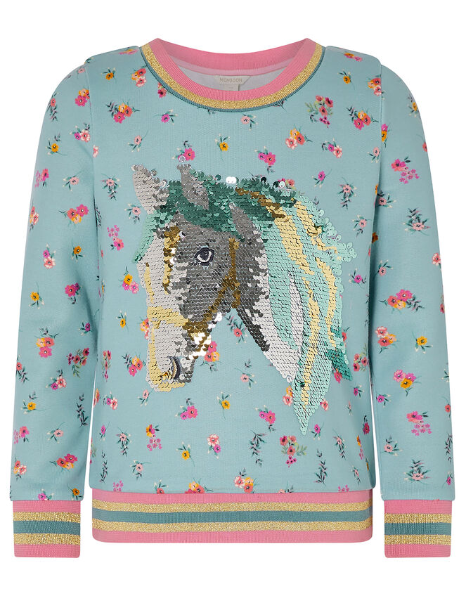 Sequin Horse Floral Sweatshirt, Blue (BLUE), large