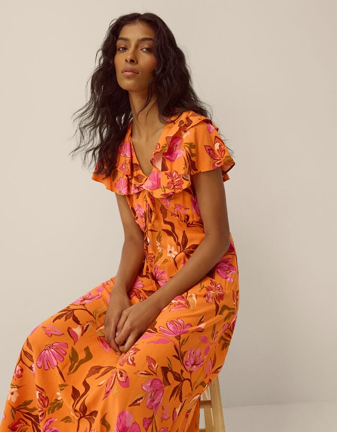 Leila Floral Print Midi Dress, Orange (ORANGE), large
