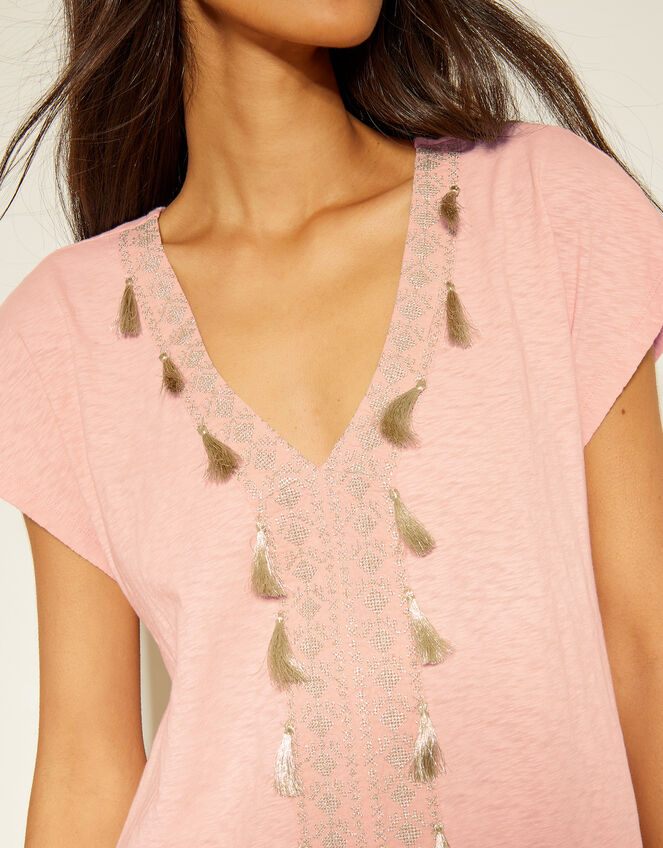 Jodie Tassel Beach Tunic Mini Dress, Pink (PINK), large