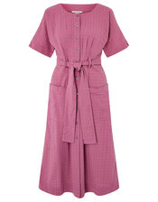 Crosshatch Midi Dress in Pure Cotton, Pink (PINK), large