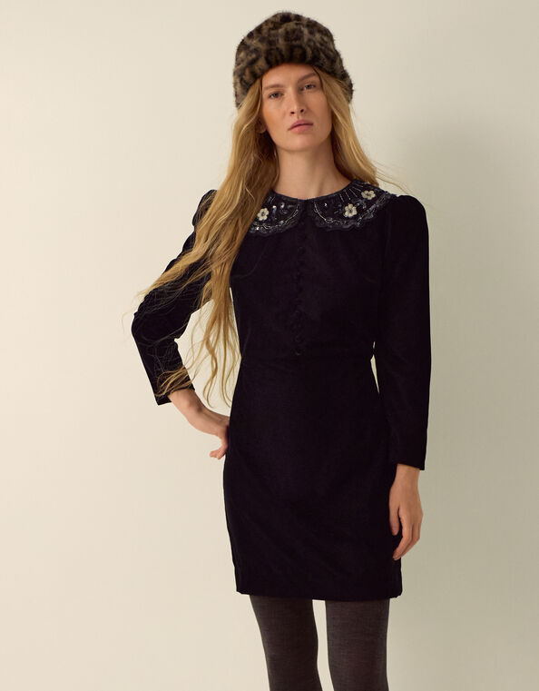 Monsoon x Queens of Archive Penny Sequin Collar Velvet Mini Dress​, Black (BLACK), large