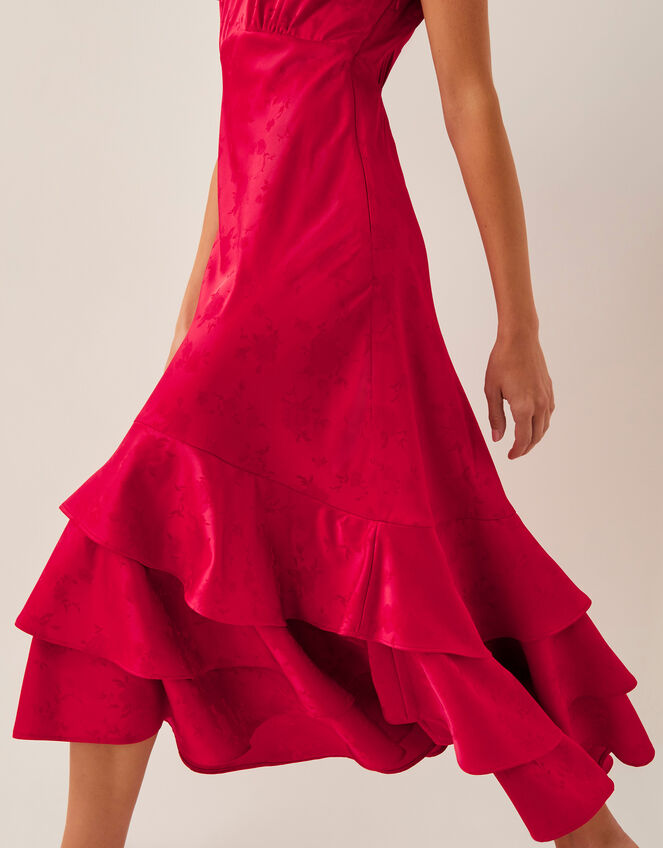 Ester Satin Ruffle Midi Dress, Red (RED), large
