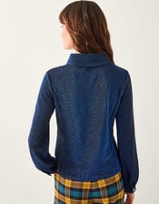 Monsoon x Sarah Corbett-Winder Glitter Jersey Collar Top, Blue (BLUE), large