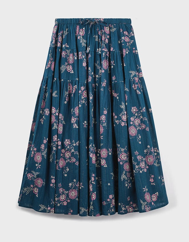 East Layla Floral Print Cotton Midi Skirt, Blue (BLUE), large