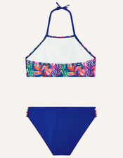 Palm Print Halter Neck Bikini, Blue (BLUE), large
