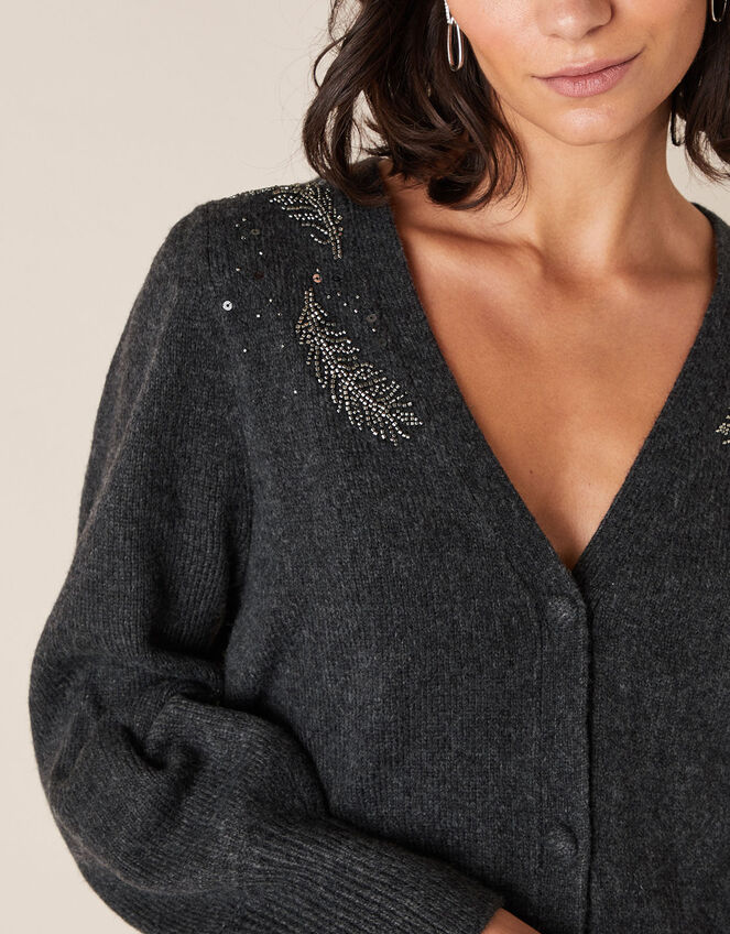 Feather Embellished Short Knit Cardigan, Grey (CHARCOAL), large