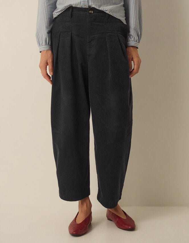 Nia High Waisted Corduroy Barrel Leg Trousers, Grey (GREY), large