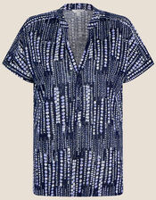 Print Button Short Sleeve Top in Linen Blend	, Blue (NAVY), large