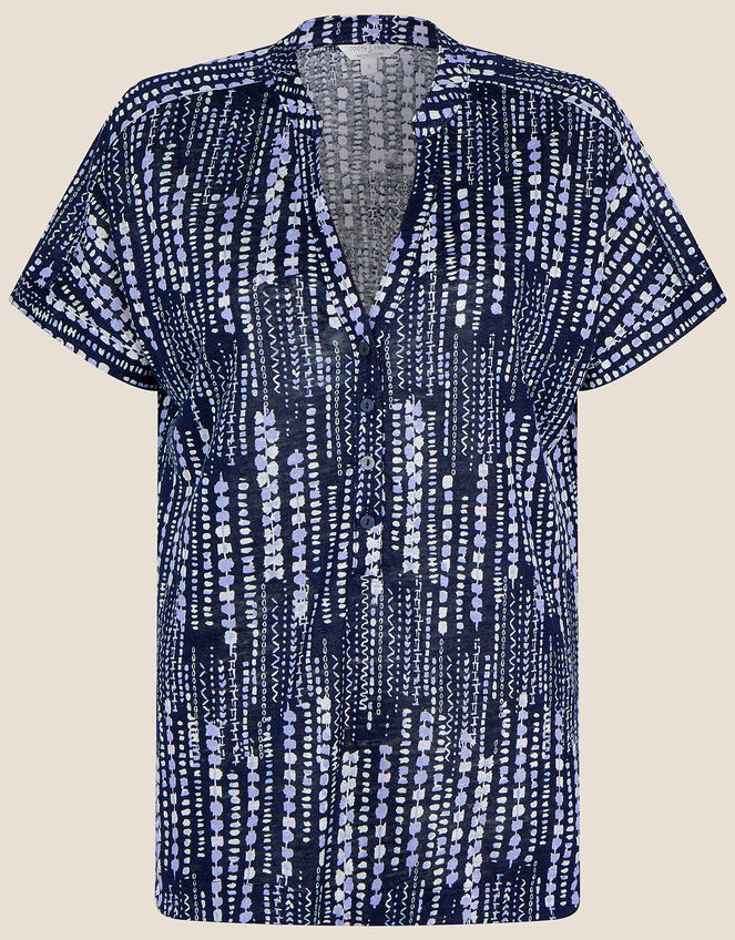 Print Button Short Sleeve Top in Linen Blend	, Blue (NAVY), large