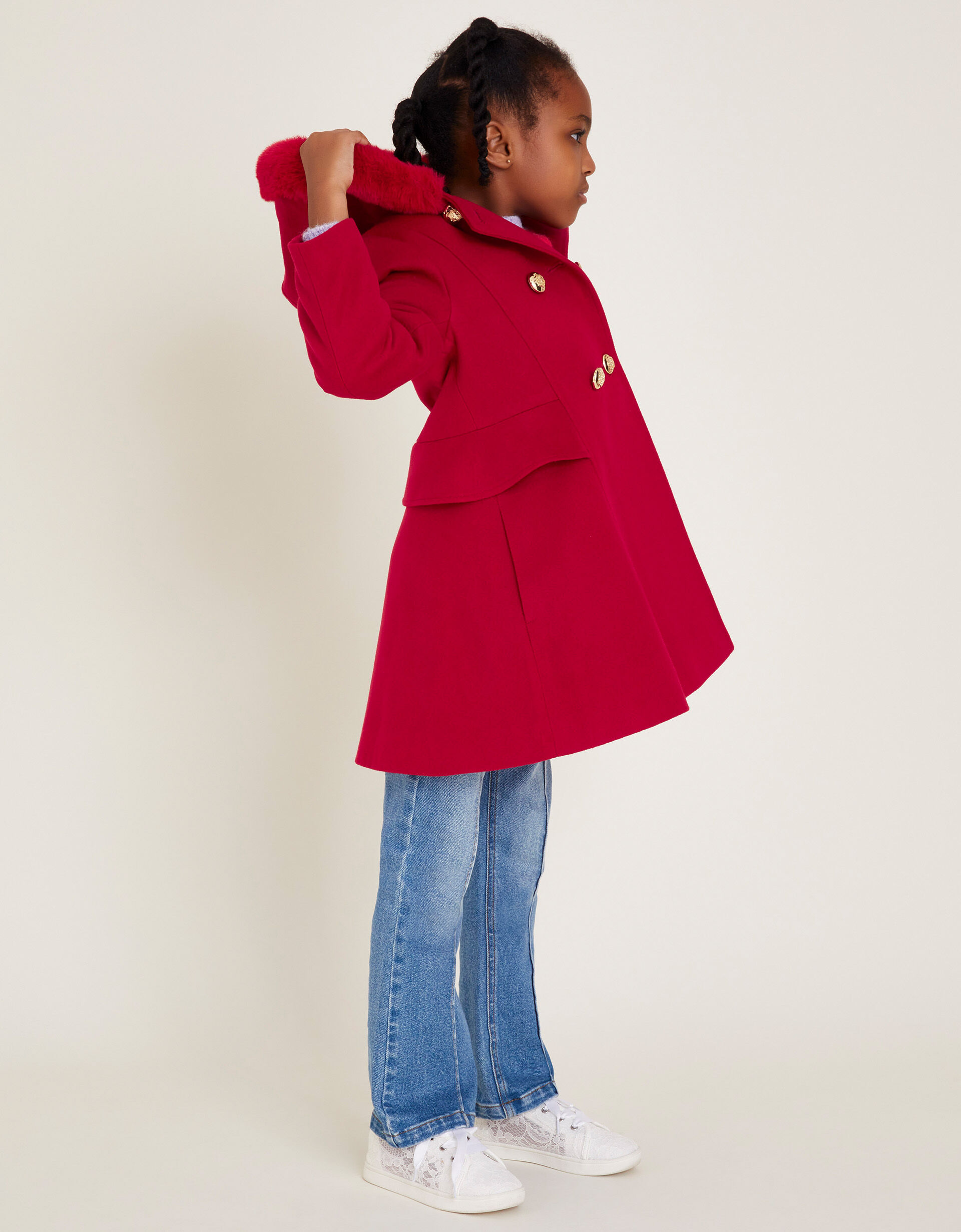 Double Breasted Faux Fur Hooded Coat Red