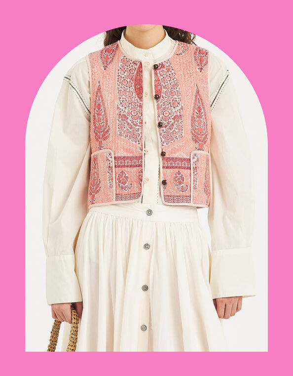 Antik Batik Tajara Paisley Quilted Waistcoat, Orange (CORAL), large