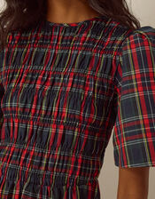 Dottie Short Sleeve Smocked Tartan Midi Dress, Red (RED), large