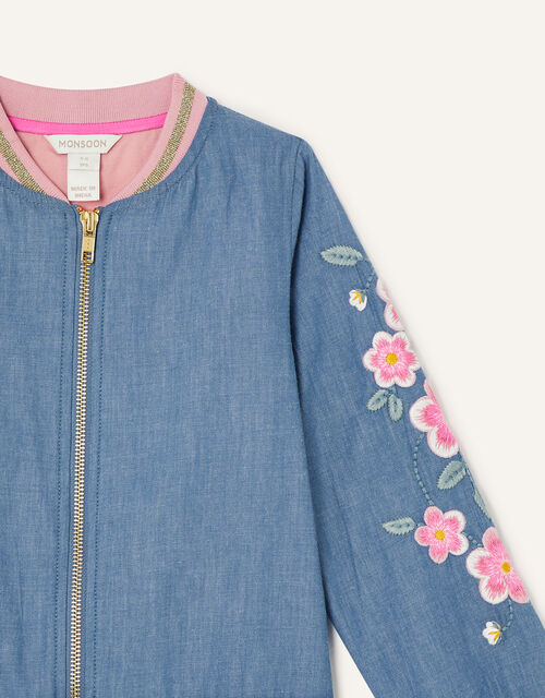 Floral Embroidered Chambray Bomber Jacket, Blue (BLUE), large