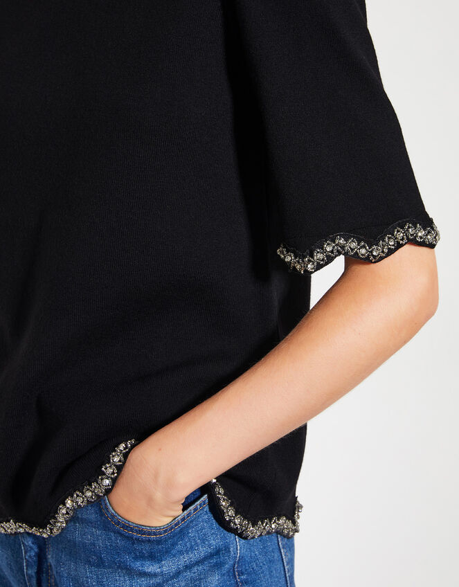 Tia Short Sleeve Diamante Trim Jumper, Black (BLACK), large