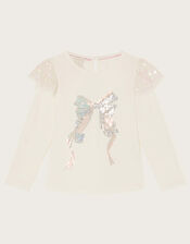 Sequin Bow Long Sleeve Top, Ivory (IVORY), large