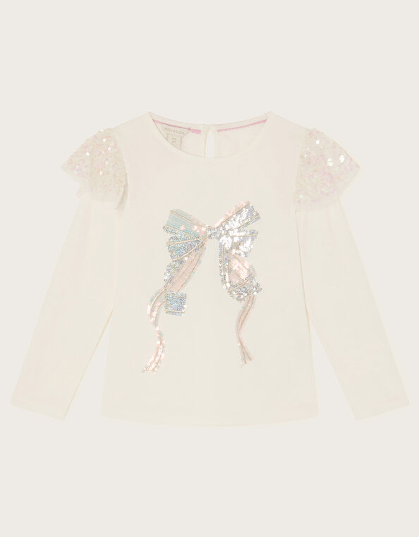 Sequin Bow Long Sleeve Top, Ivory (IVORY), large