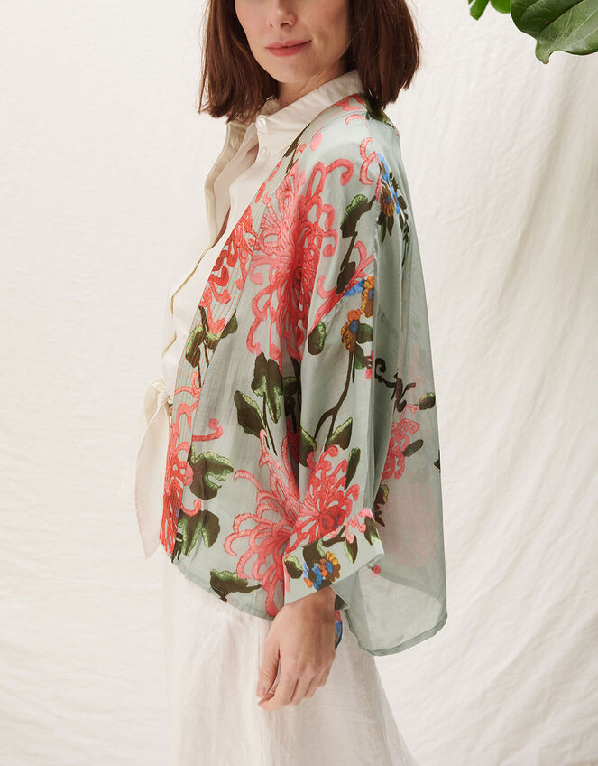 One Hundred Stars Floral Print Short Kimono, Blue (AQUA), large
