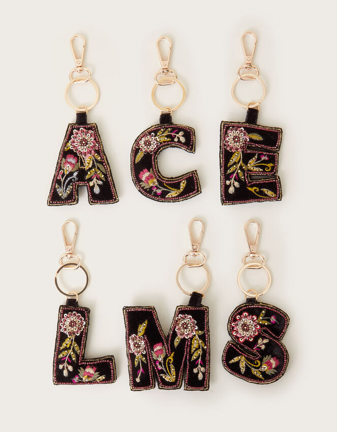 Embellished Floral Initial Keyring, Black (BLACK), large