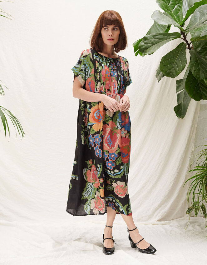 One Hundred Stars Flower Pleat Dress, Black (BLACK), large