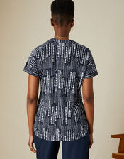 Print Button Short Sleeve Top in Linen Blend	, Blue (NAVY), large