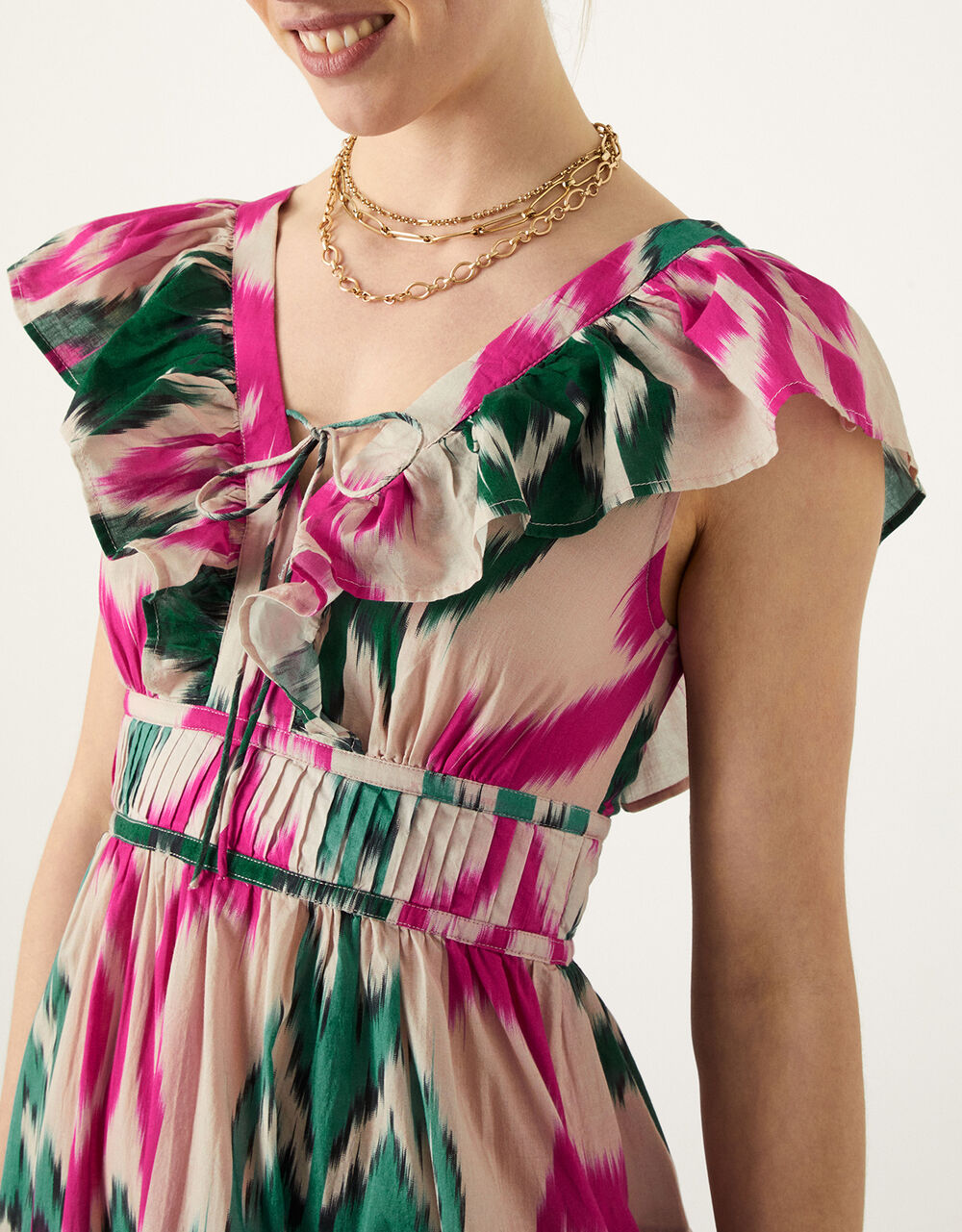 Premium Tiered Ruffle Ikat Dress in Sustainable Cotton Pink