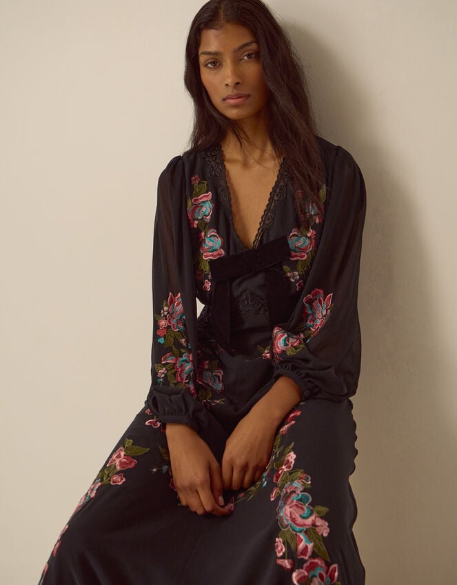 Margot Long Sleeve Floral Embroidered Midi Dress, Black (BLACK), large