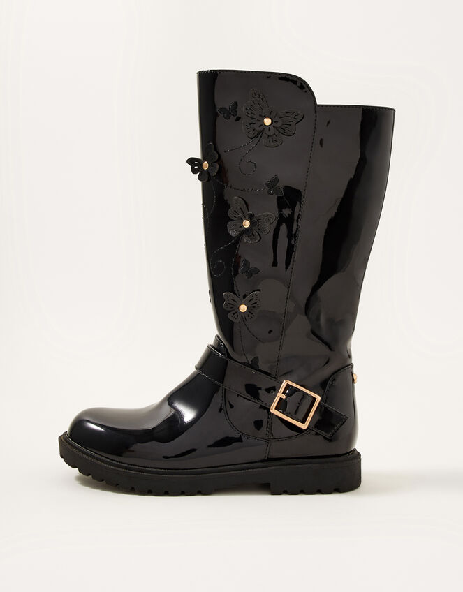 Patent Butterfly Riding Boots, Black (BLACK), large