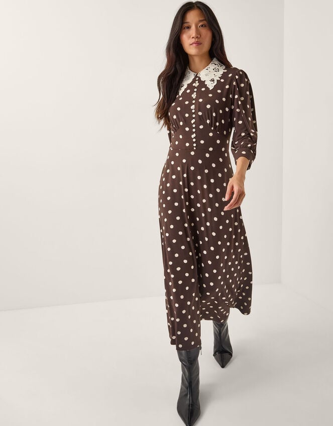 Paris Polka Dot Jersey Midi Dress, Brown (CHOCOLATE), large
